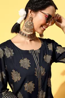 Navy-Blue Woven Rayon Heavy-Work-Kurtis