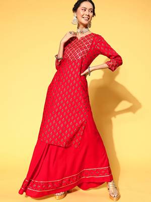 Red Woven Rayon P y-Wear-Kurtis 1