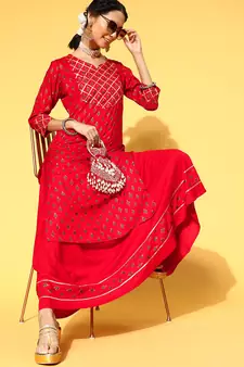 Red Woven Rayon Party-Wear-Kurtis