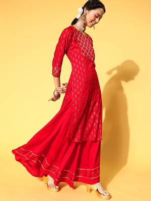 Red Woven Rayon P y-Wear-Kurtis 4