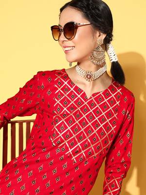 Red Woven Rayon P y-Wear-Kurtis 5