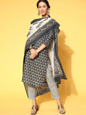 Dark-grey printed cotton readymade salwar suit dupatta set 1