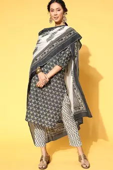 Dark-grey printed cotton readymade salwar suit dupatta set