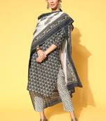 Dark-grey printed cotton readymade salwar suit dupatta set