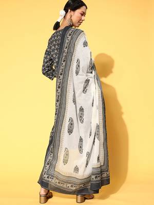 Dark-grey printed cotton readymade salwar suit dupatta set 2