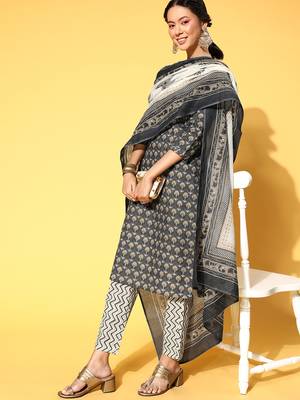 Dark-grey printed cotton readymade salwar suit dupatta set 3