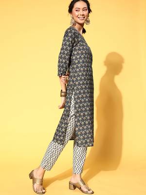 Dark-grey printed cotton readymade salwar suit dupatta set 4