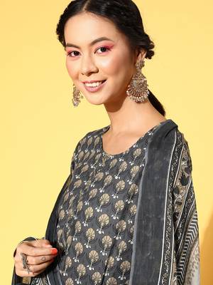 Dark-grey printed cotton readymade salwar suit dupatta set 5