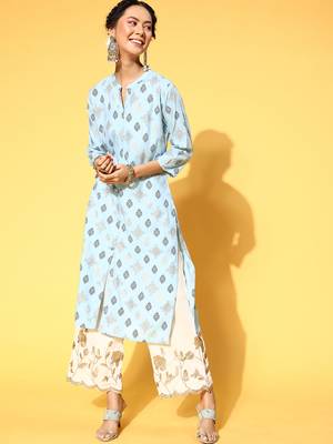 Light-Blue Printed Rayon Ethnic-Kurtis 1