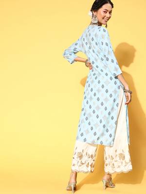 Light-Blue Printed Rayon Ethnic-Kurtis 2