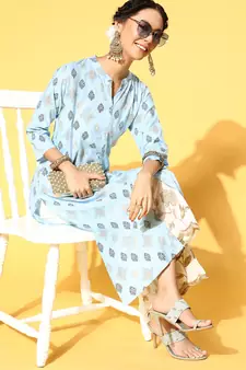 Light-Blue Printed Rayon Ethnic-Kurtis