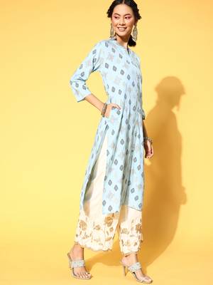 Light-Blue Printed Rayon Ethnic-Kurtis 4