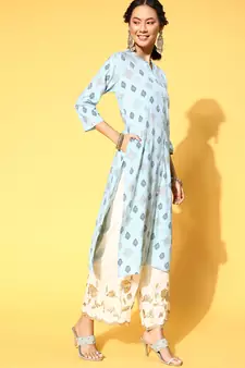 Light-Blue Printed Rayon Ethnic-Kurtis
