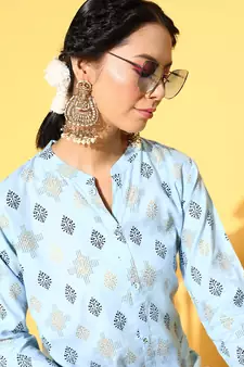 Light-Blue Printed Rayon Ethnic-Kurtis