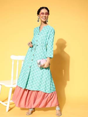 Sea-Green Printed Rayon Kurtas-And-Kurtis 3