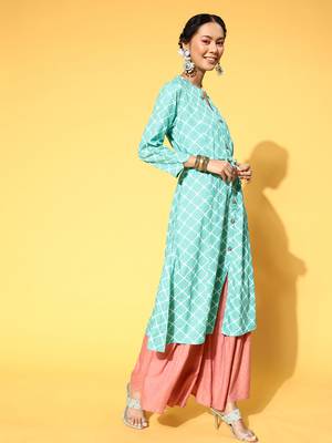 Sea-Green Printed Rayon Kurtas-And-Kurtis 4