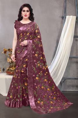 Dark Wine Printed Cotton Saree With Blouse 1