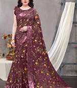 Dark Wine Printed Cotton Saree With Blouse