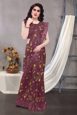 Dark Wine Printed Cotton Saree With Blouse 2