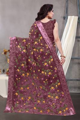 Dark Wine Printed Cotton Saree With Blouse 3