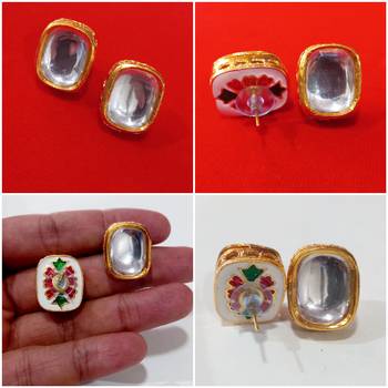 Polki Kundan Back Meenakari Rectangle Studs Earrings Set 2