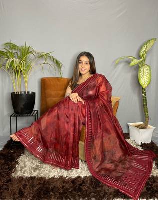 Red Colour Premium Organza With Excellent Hand Print Gota Work And Viscos Dori Work Saree 1