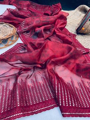 Red Colour Premium Organza With Excellent Hand Print Gota Work And Viscos Dori Work Saree 2