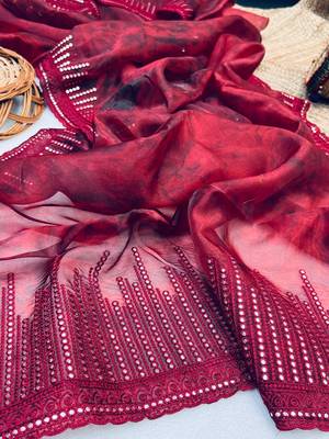 Red Colour Premium Organza With Excellent Hand Print Gota Work And Viscos Dori Work Saree 3