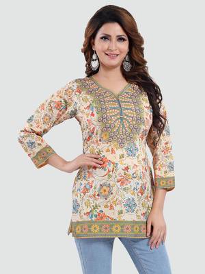 Cream printed crepe short-kurtis 1