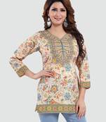 Cream printed crepe short-kurtis