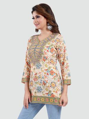 Cream printed crepe short-kurtis 2