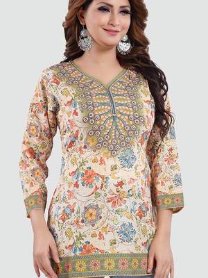 Cream printed crepe short-kurtis 4