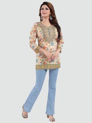 Cream printed crepe short-kurtis 5