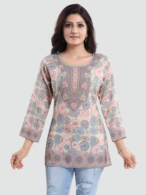 Beige printed crepe short-kurtis 1