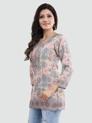 Beige printed crepe short-kurtis 2