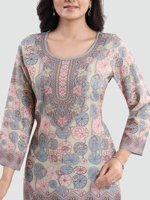 Beige printed crepe short-kurtis 4