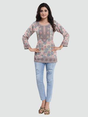 Beige printed crepe short-kurtis 5