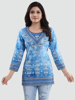 Blue printed crepe short-kurtis 1