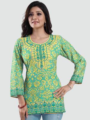 Green printed crepe short-kurtis 1
