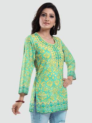 Green printed crepe short-kurtis 2