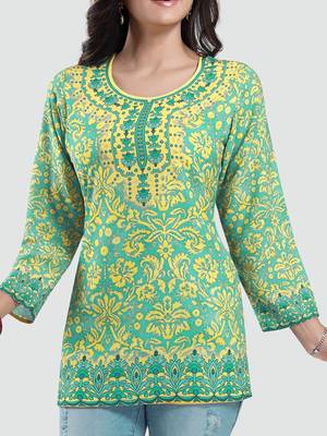 Green printed crepe short-kurtis 4