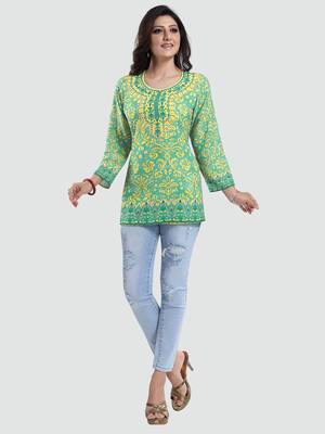 Green printed crepe short-kurtis 5
