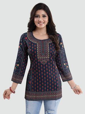 Navy-blue printed crepe short-kurtis 1