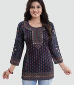Navy-blue printed crepe short-kurtis