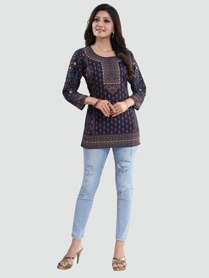 Navy-blue printed crepe short-kurtis 5