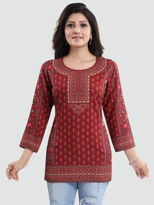 Red printed crepe short-kurtis 1