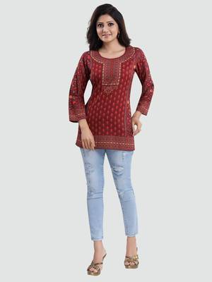 Red printed crepe short-kurtis 5