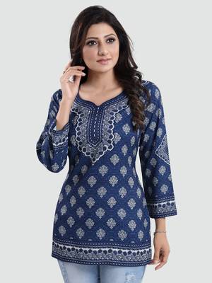 Blue printed crepe short-kurtis 1