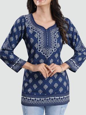 Blue printed crepe short-kurtis 4