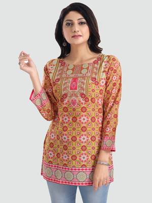 Yellow printed crepe short-kurtis 1